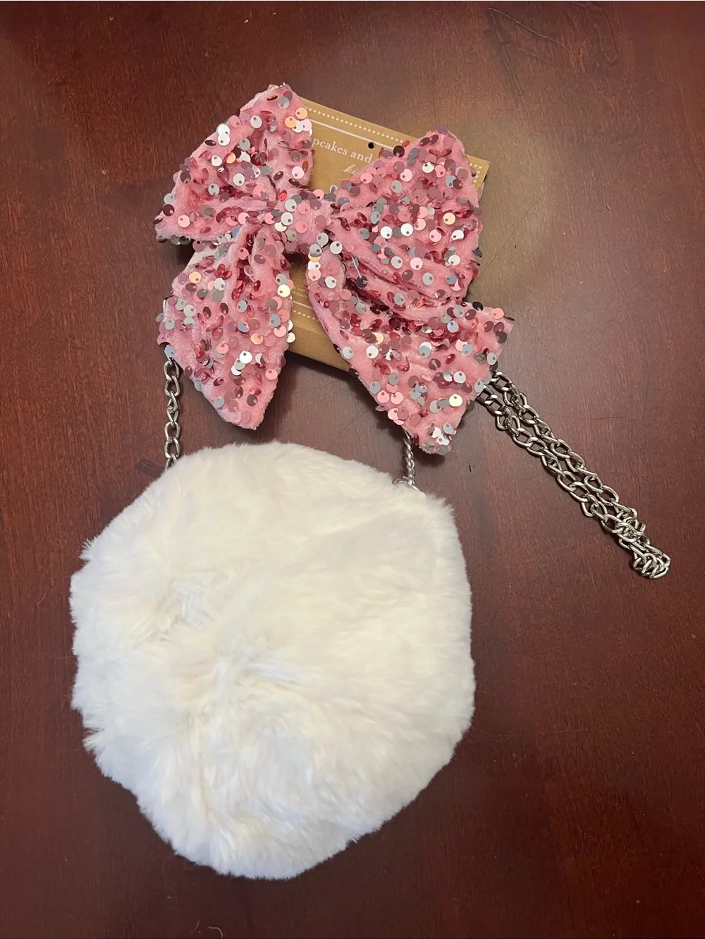 cupcakes & cashmere Pink Sequin Bow Hair Clip with Cream Plush Snowball Bag